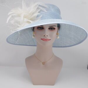 Church / Derby Hat - Light Blue W/ White Feathers - Large Church Hat